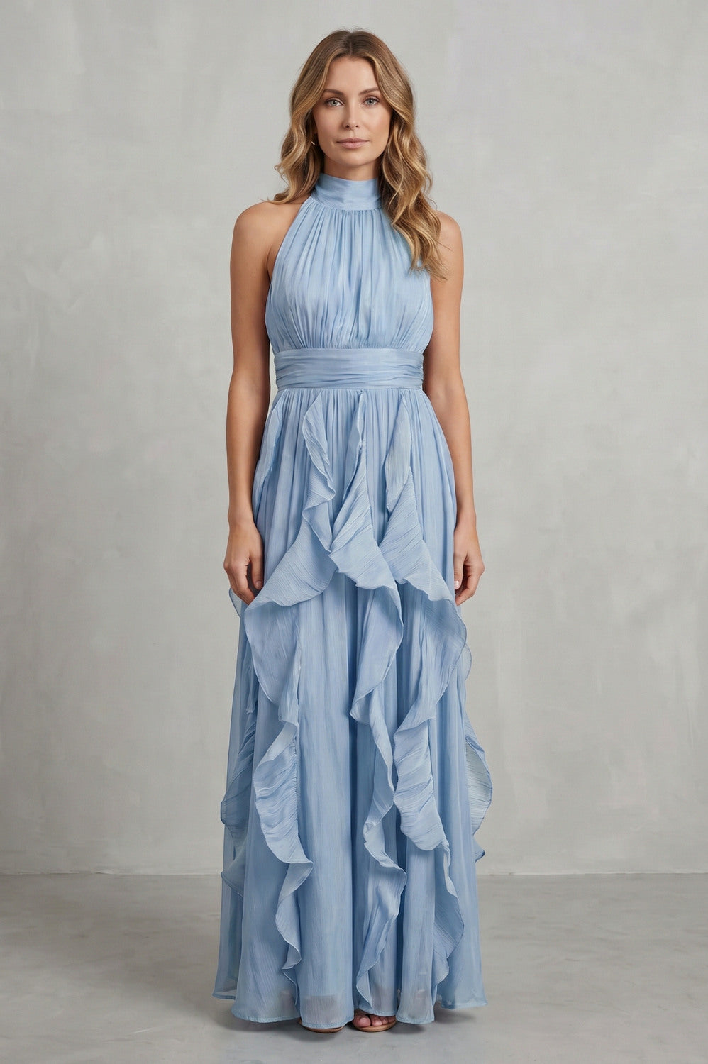 Cascading Ruffle Halter Maxi Dress