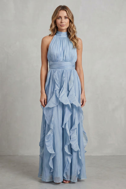 Cascading Ruffle Halter Maxi Dress