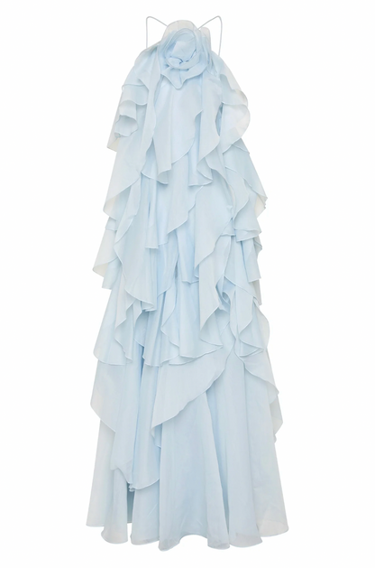 Rosette Tiered Ruffle Halter Maxi Dress