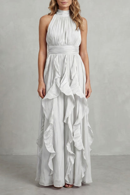 Cascading Ruffle Halter Maxi Dress