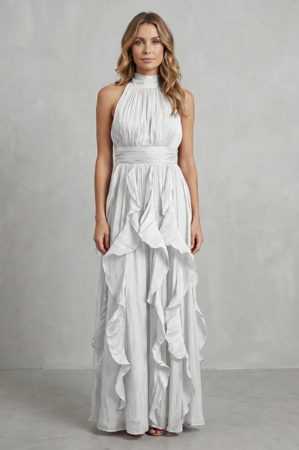 Cascading Ruffle Halter Maxi Dress