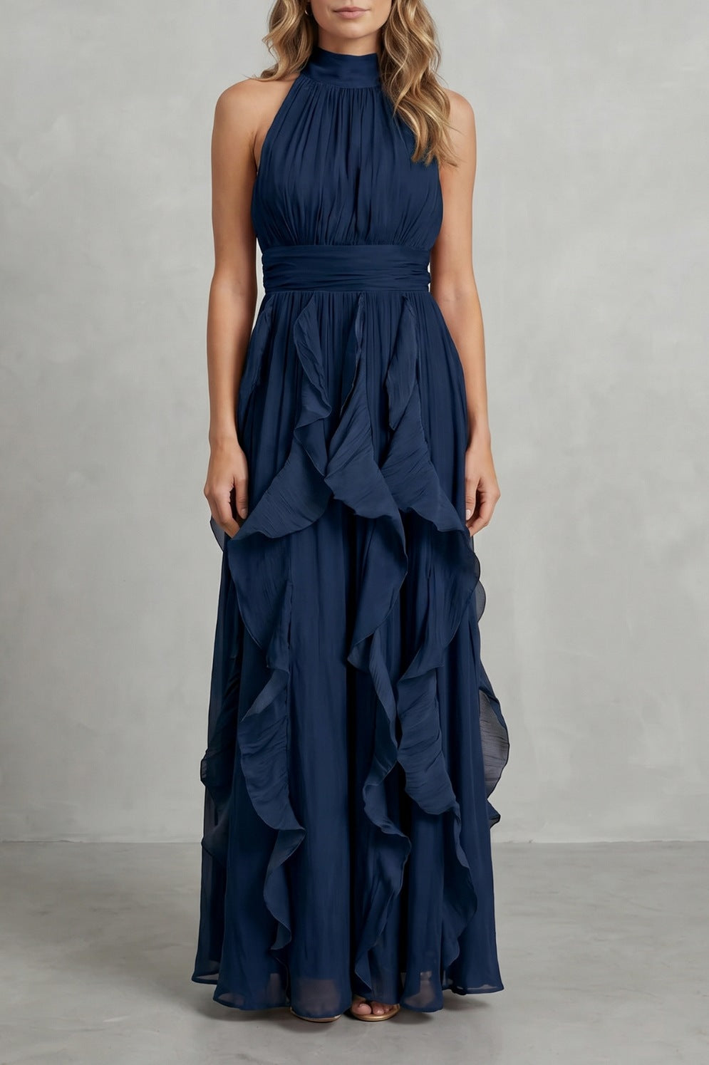 Cascading Ruffle Halter Maxi Dress