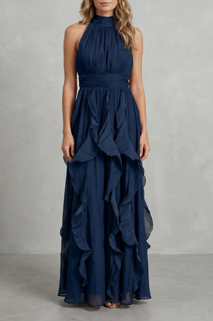 Cascading Ruffle Halter Maxi Dress