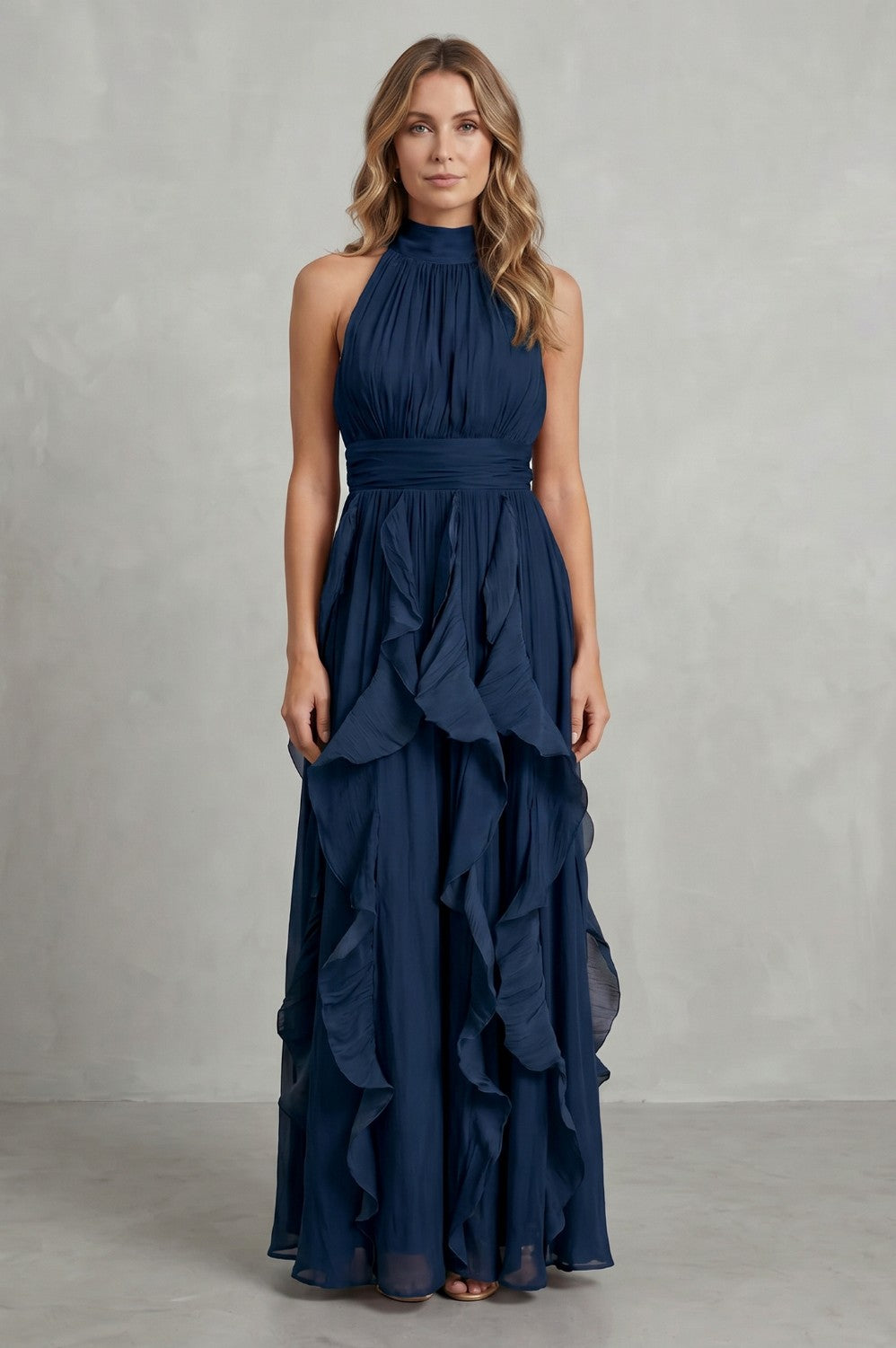 Cascading Ruffle Halter Maxi Dress