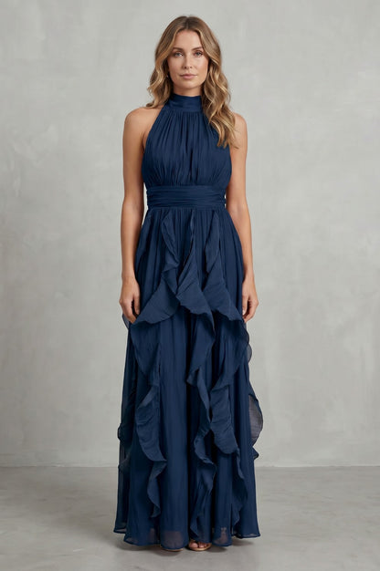 Cascading Ruffle Halter Maxi Dress