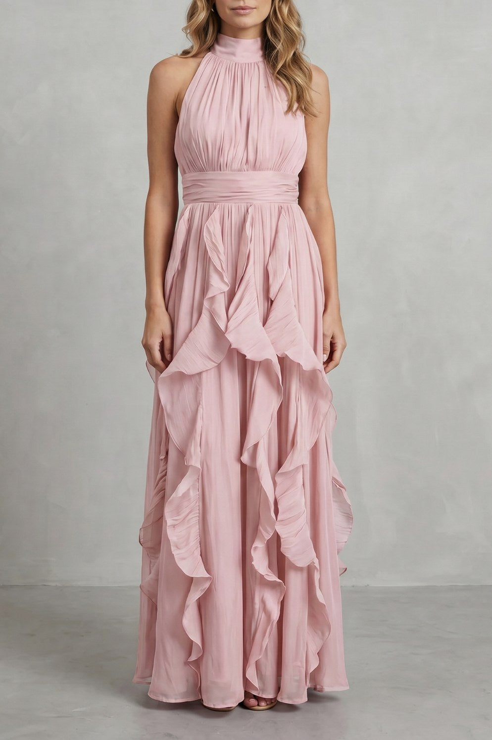 Cascading Ruffle Halter Maxi Dress