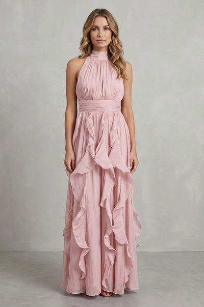 Cascading Ruffle Halter Maxi Dress