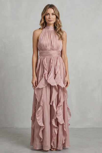 Cascading Ruffle Halter Maxi Dress