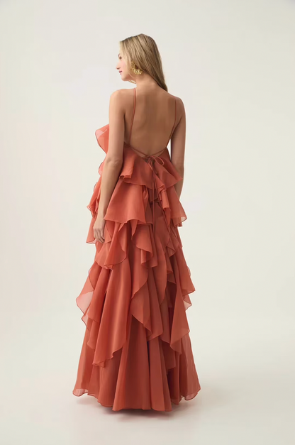 Rosette Tiered Ruffle Halter Maxi Dress