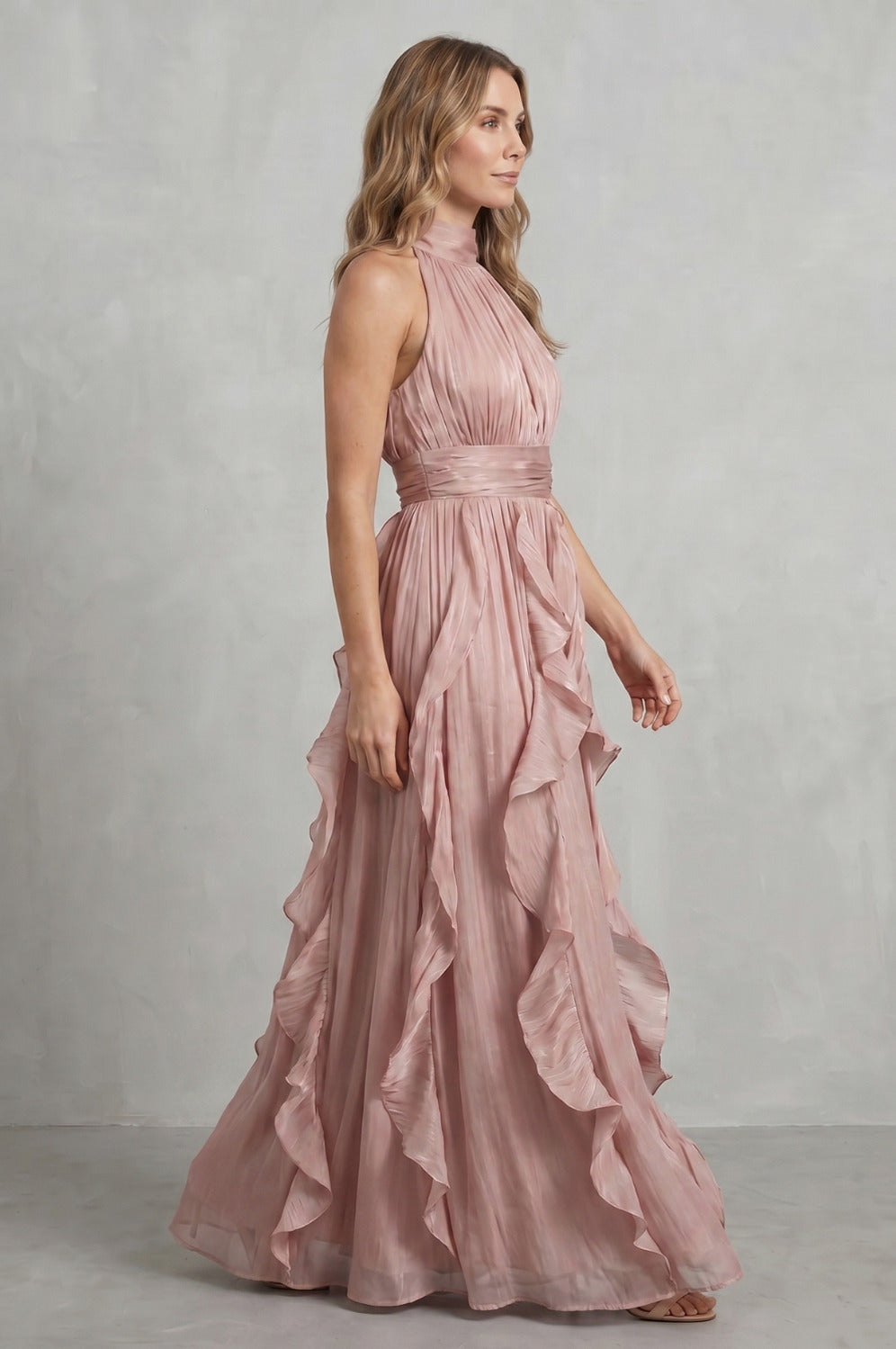 Cascading Ruffle Halter Maxi Dress