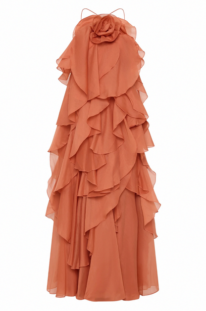 Rosette Tiered Ruffle Halter Maxi Dress