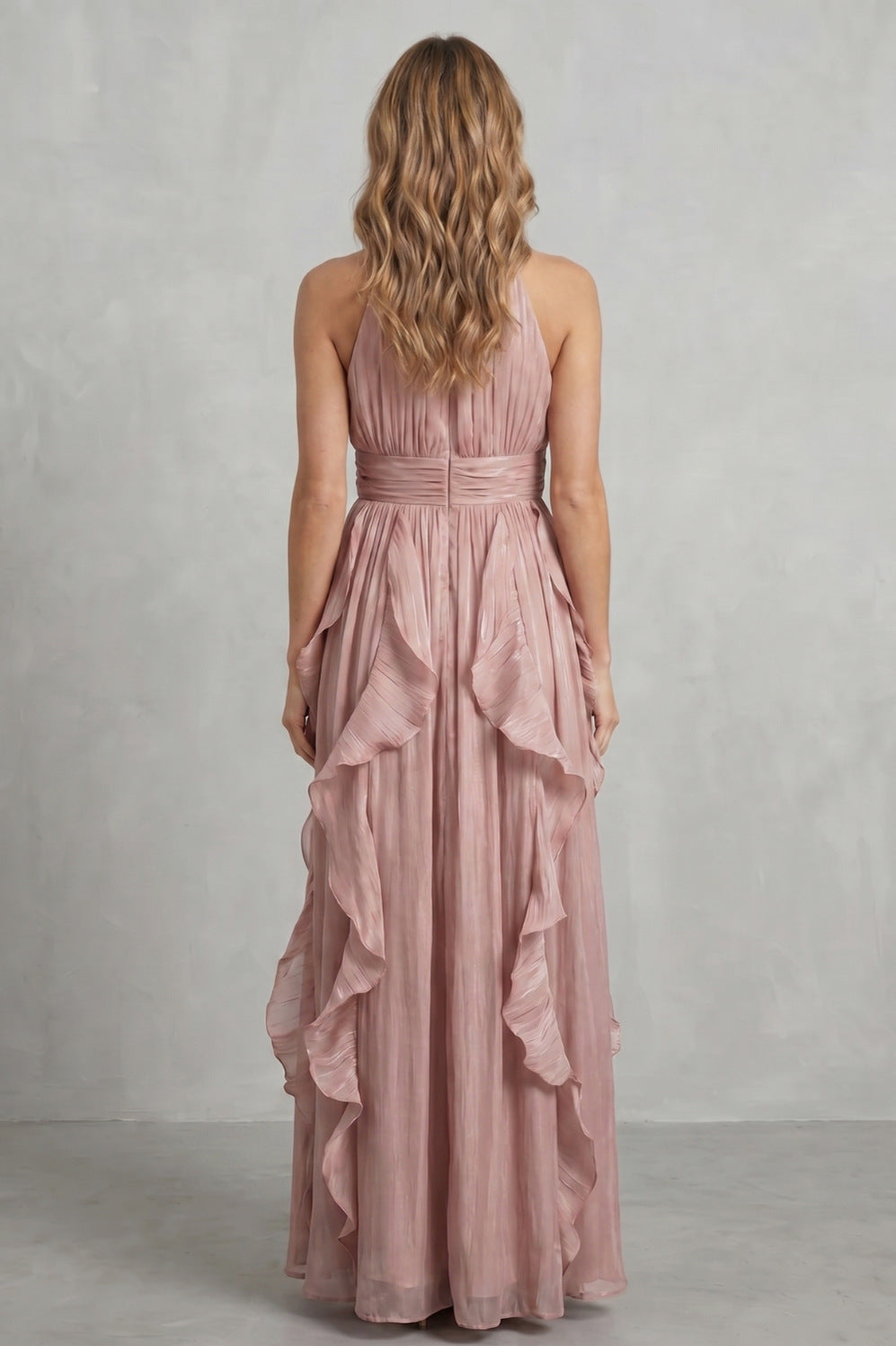 Cascading Ruffle Halter Maxi Dress