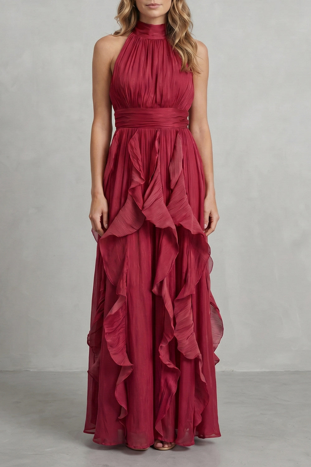 Cascading Ruffle Halter Maxi Dress