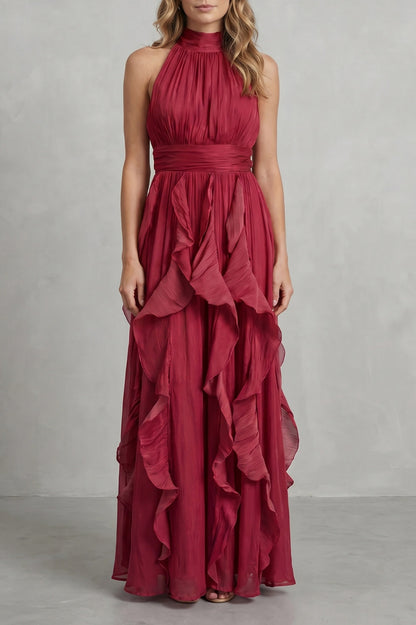 Cascading Ruffle Halter Maxi Dress