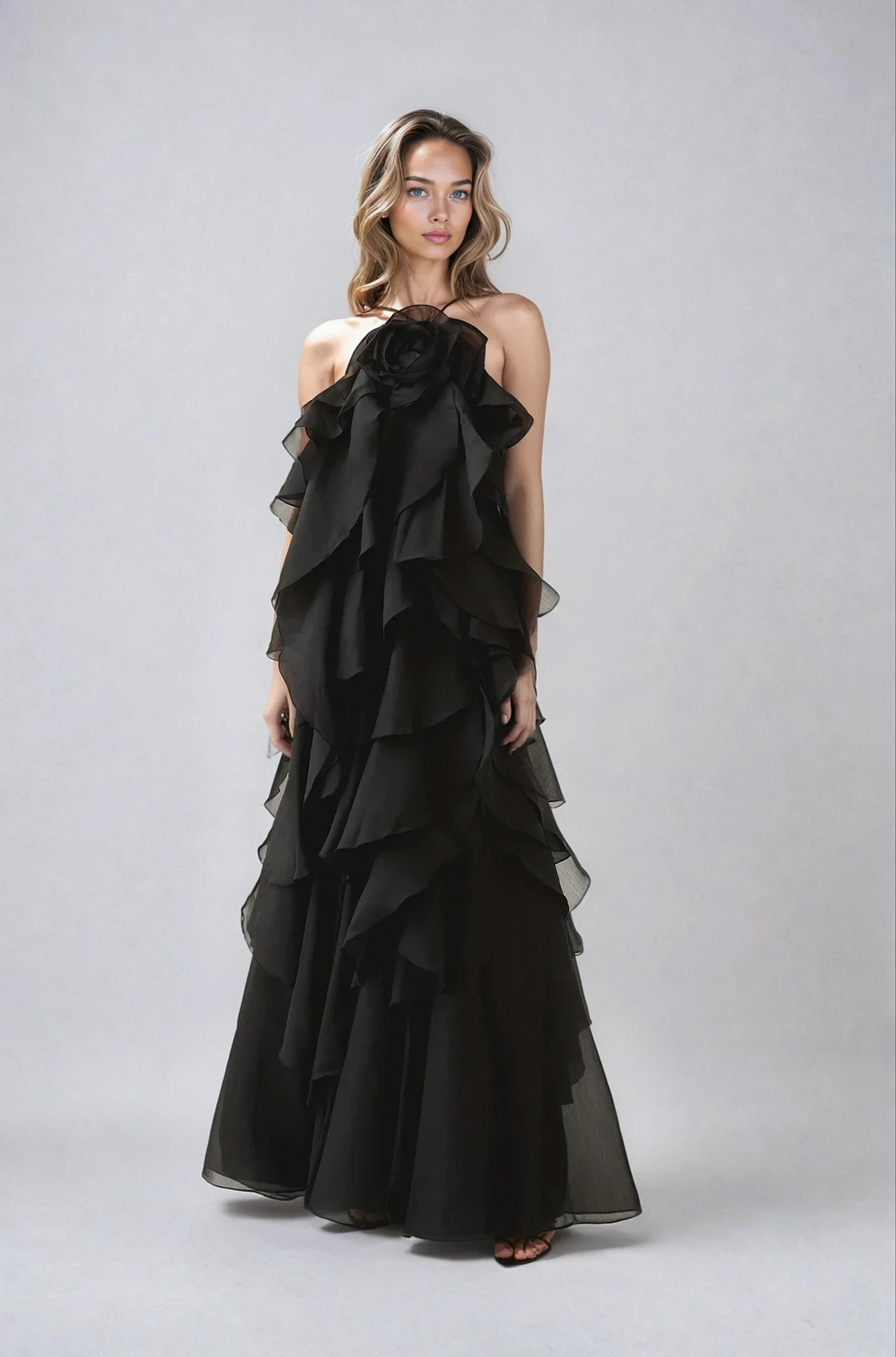 Rosette Tiered Ruffle Halter Maxi Dress