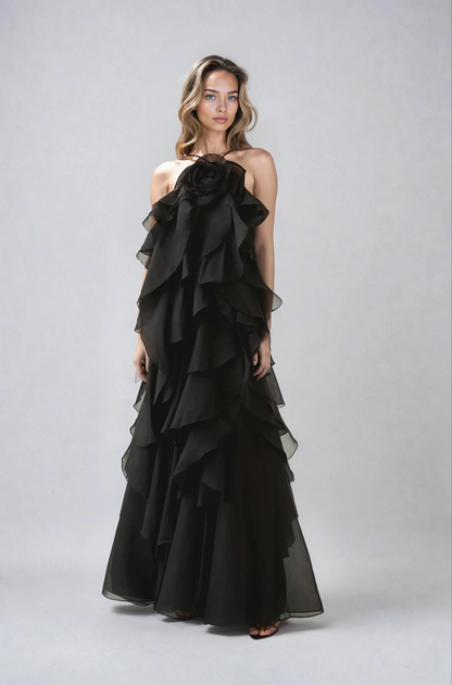 Rosette Tiered Ruffle Halter Maxi Dress