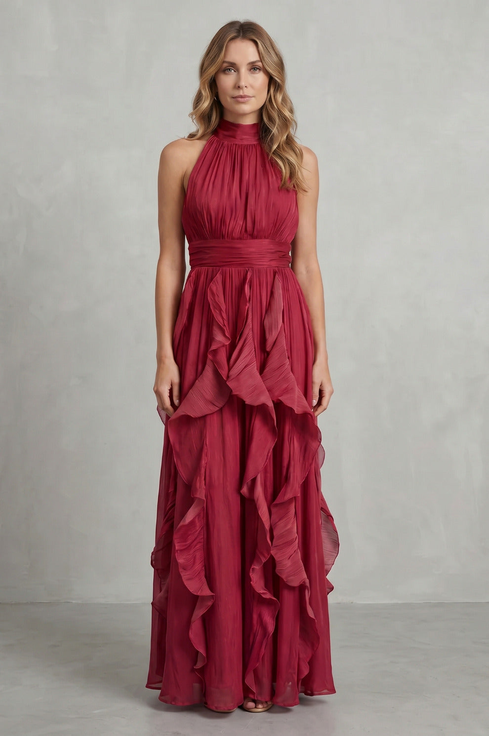 Cascading Ruffle Halter Maxi Dress