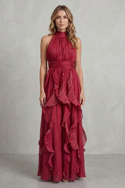 Cascading Ruffle Halter Maxi Dress