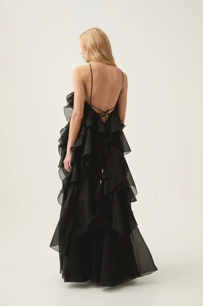 Rosette Tiered Ruffle Halter Maxi Dress