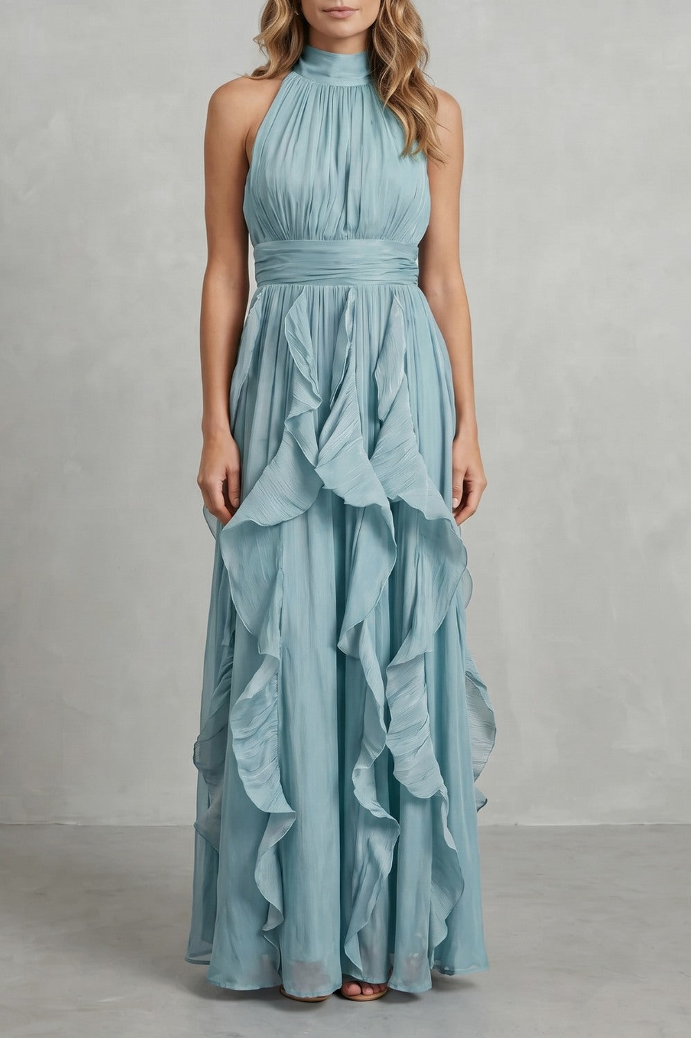 Cascading Ruffle Halter Maxi Dress