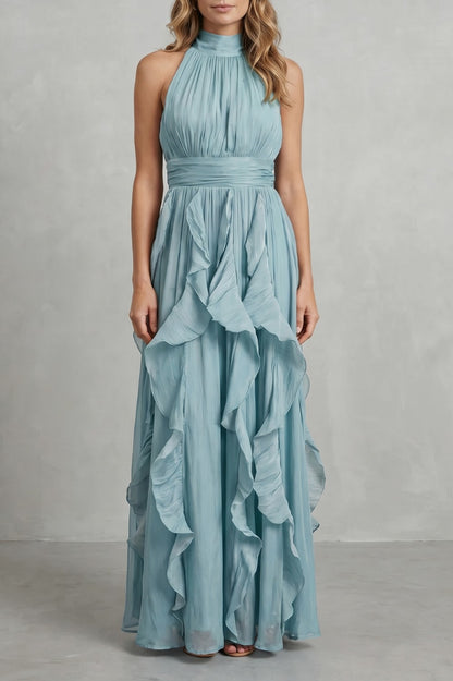 Cascading Ruffle Halter Maxi Dress