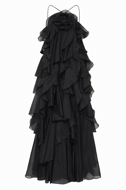 Rosette Tiered Ruffle Halter Maxi Dress