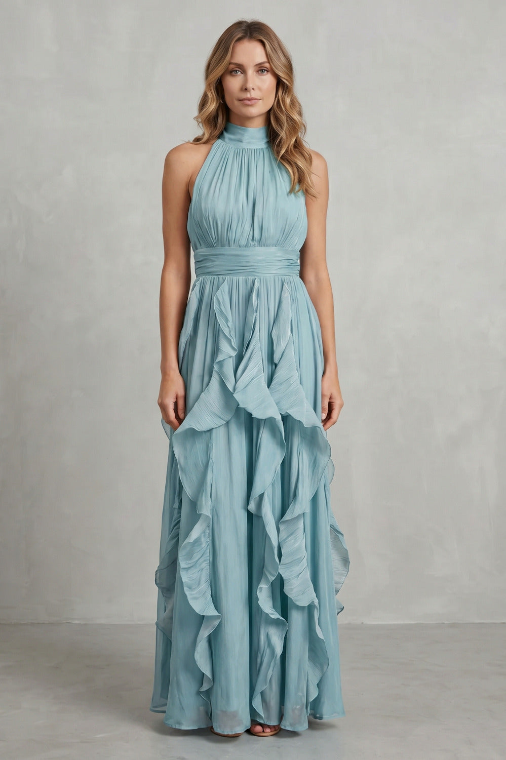 Cascading Ruffle Halter Maxi Dress
