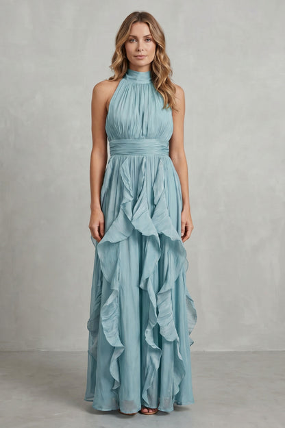 Cascading Ruffle Halter Maxi Dress