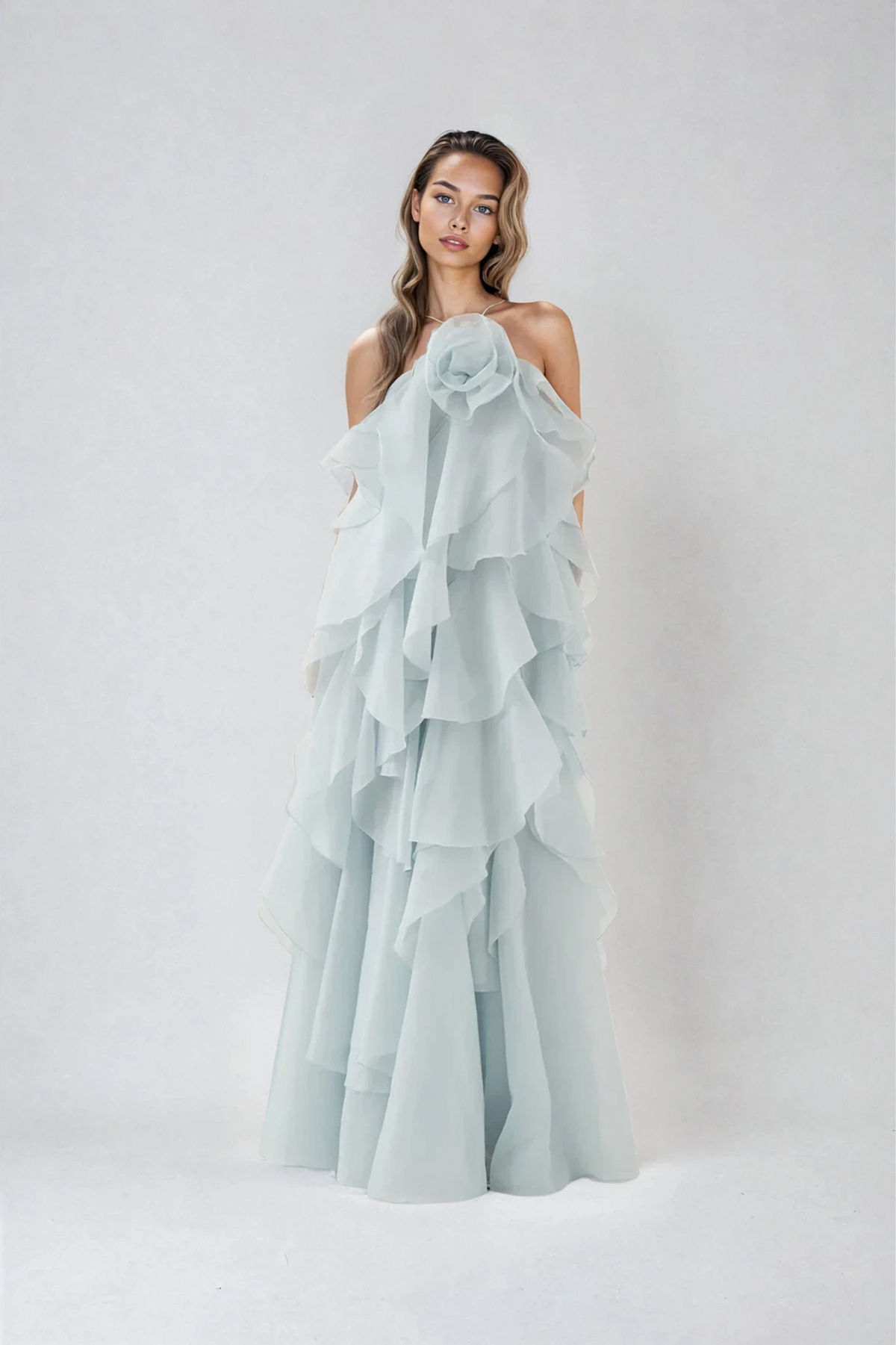 Rosette Tiered Ruffle Halter Maxi Dress