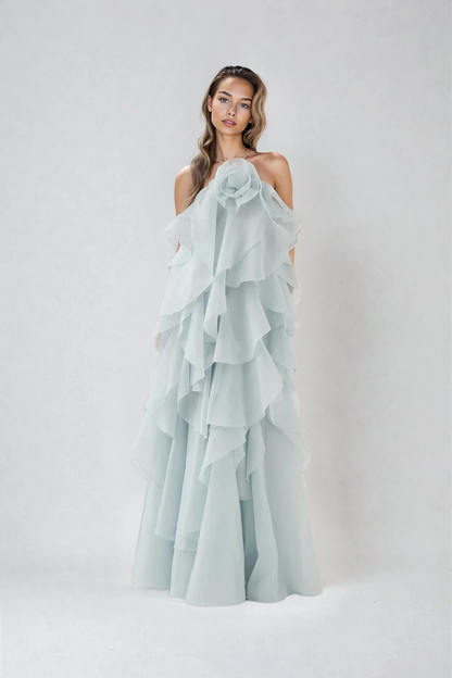 Rosette Tiered Ruffle Halter Maxi Dress