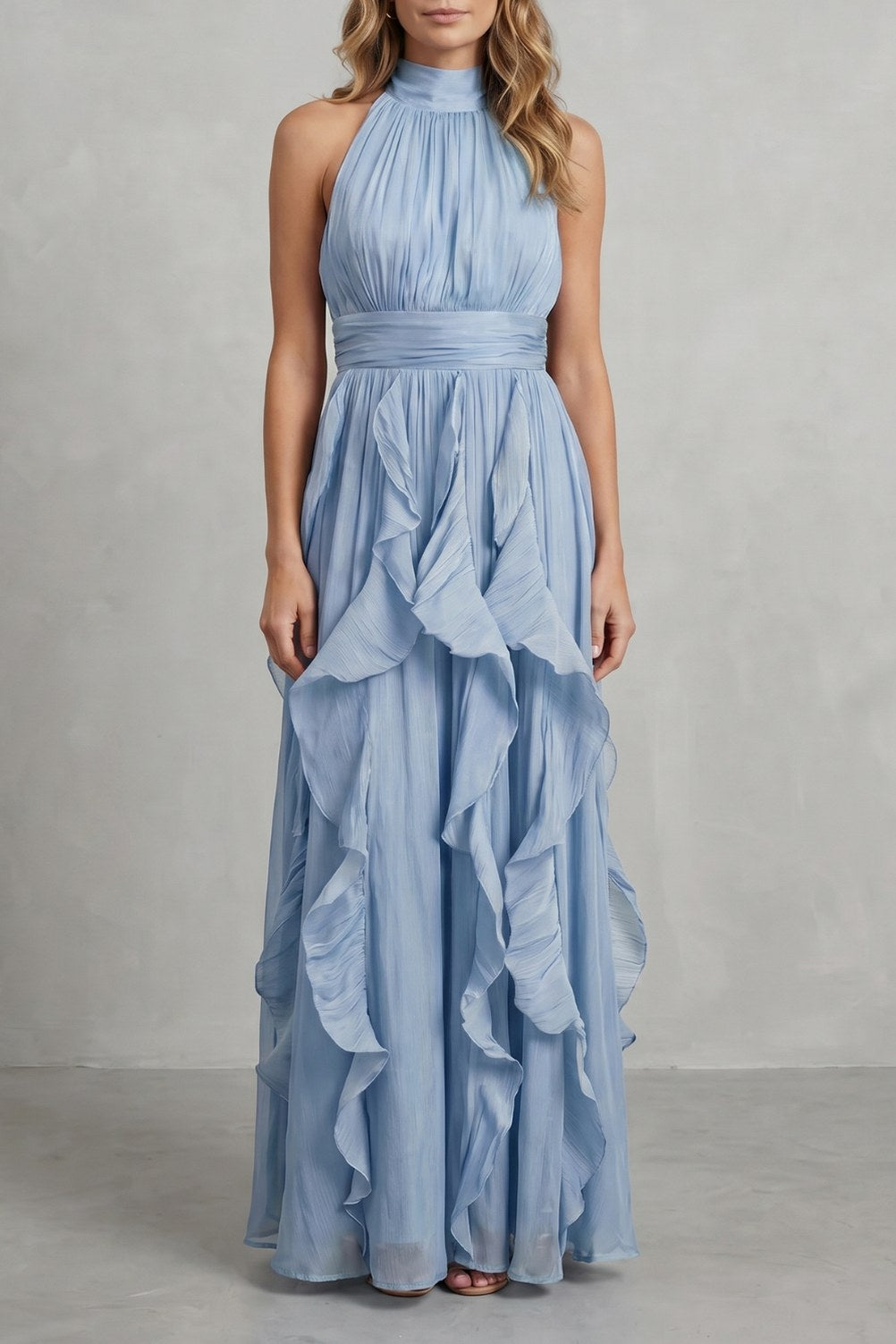 Cascading Ruffle Halter Maxi Dress