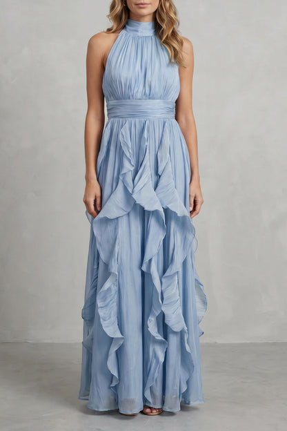 Cascading Ruffle Halter Maxi Dress