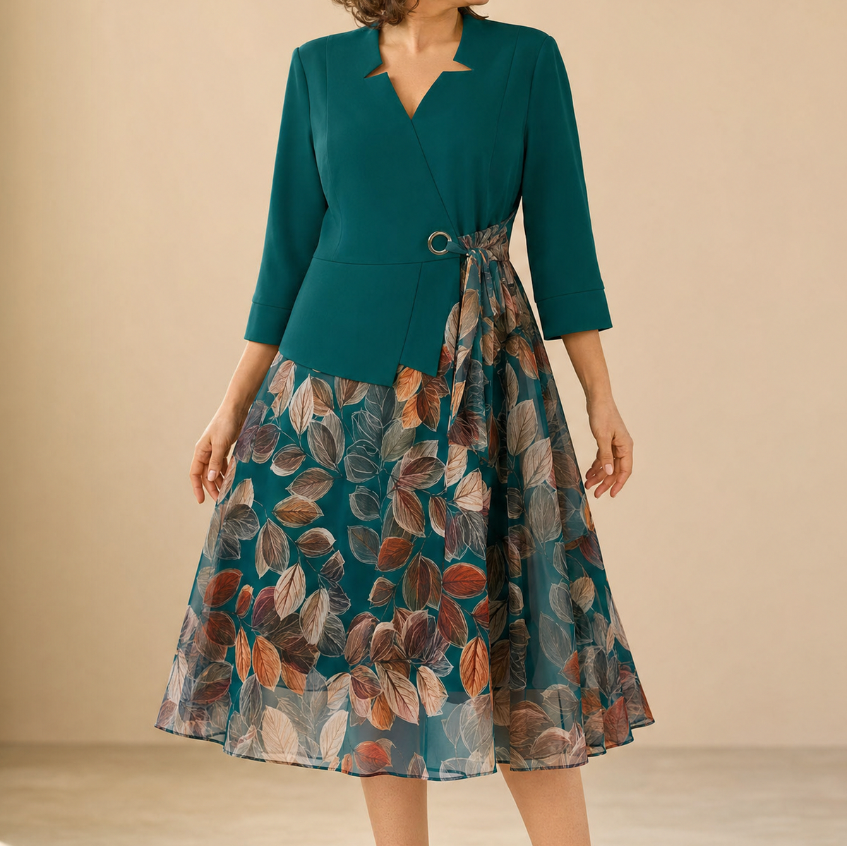 Chiffon A-Line 3/4 Sleeve Midi Dress