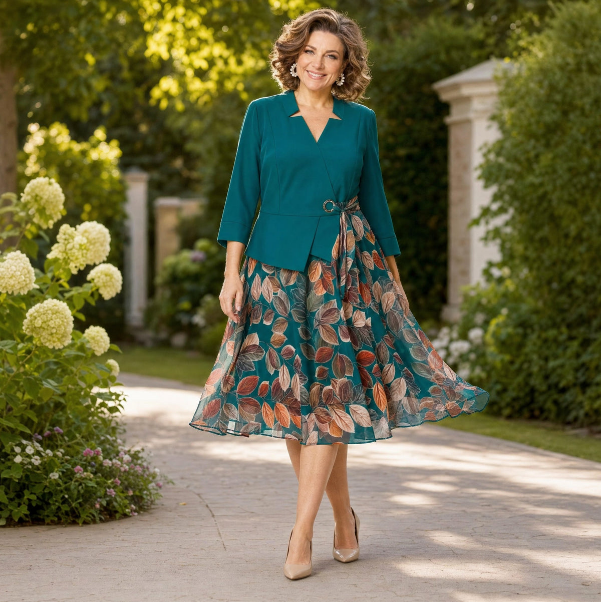 Chiffon A-Line 3/4 Sleeve Midi Dress