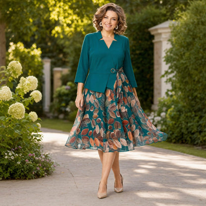 Chiffon A-Line 3/4 Sleeve Midi Dress
