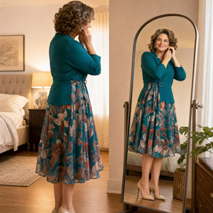 Chiffon A-Line 3/4 Sleeve Midi Dress