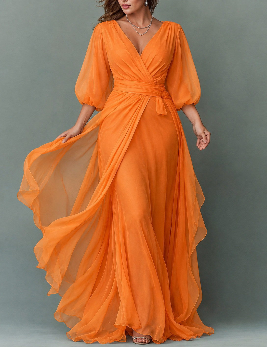 Chiffon Balloon Sleeve Maxi Dress