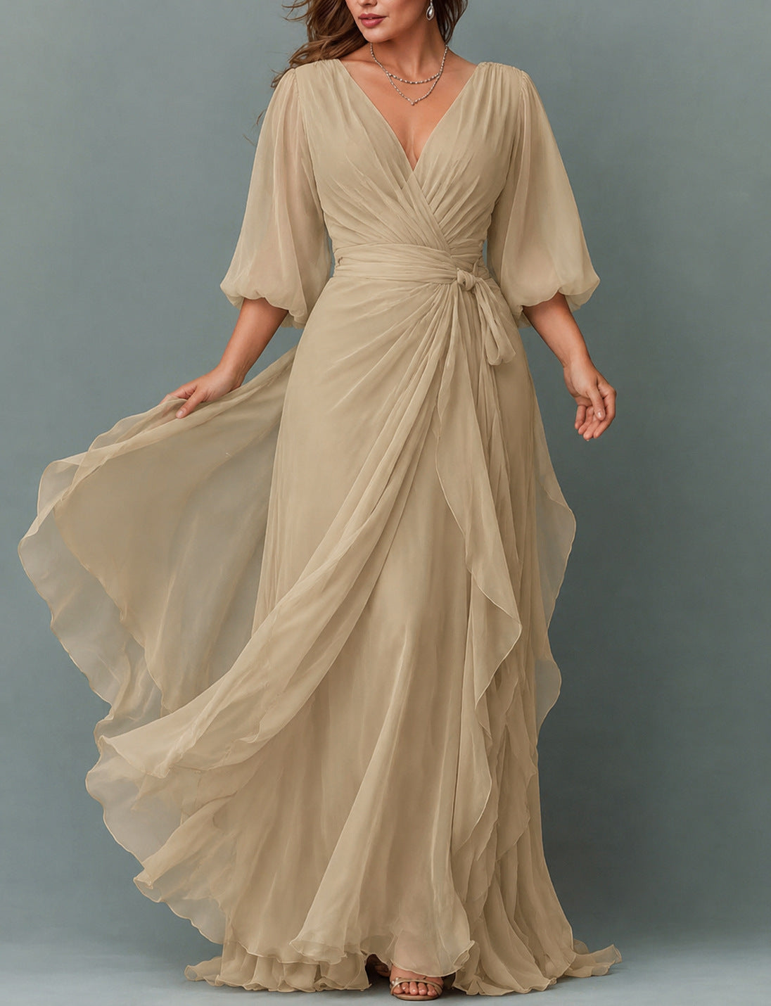 Chiffon Balloon Sleeve Maxi Dress