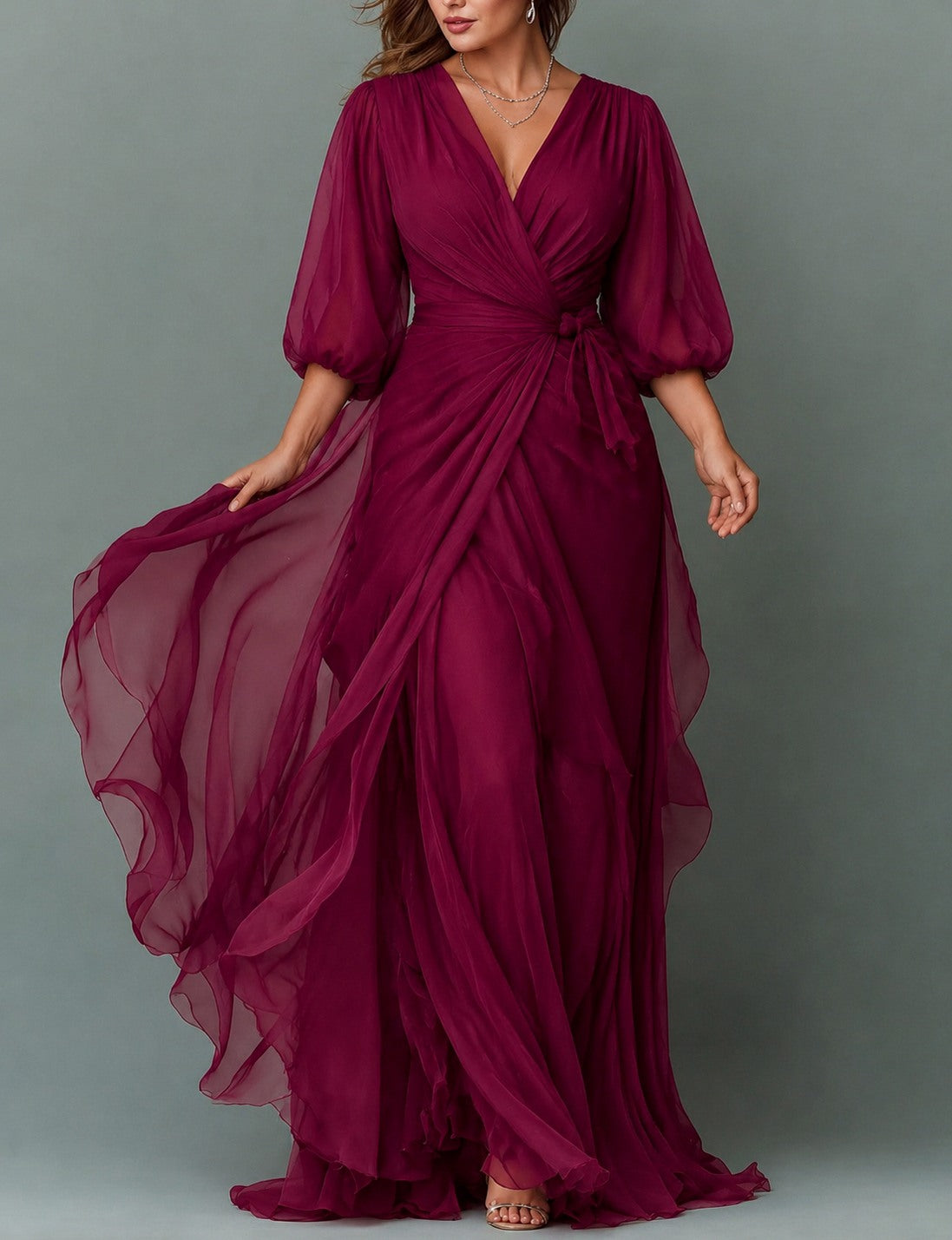 Chiffon Balloon Sleeve Maxi Dress