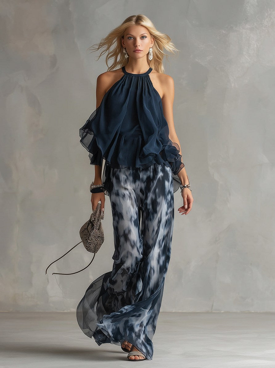 Chiffon Halter Top Wide Leg Pant Set