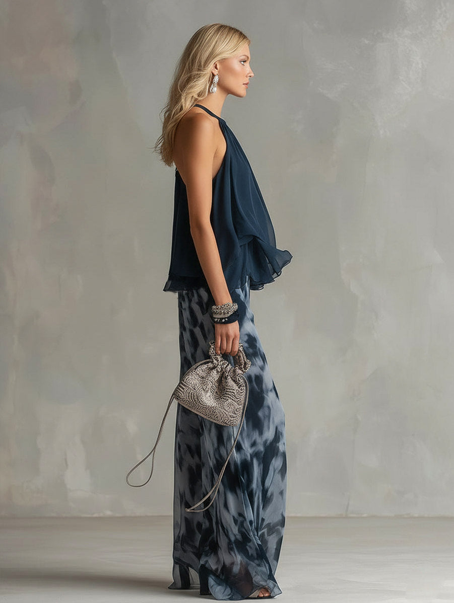 Chiffon Halter Top Wide Leg Pant Set