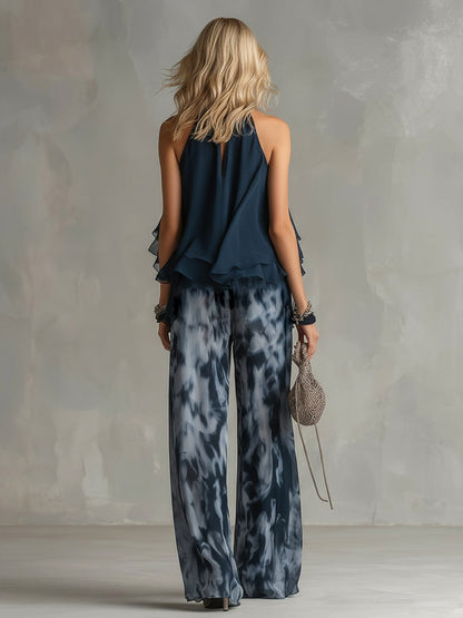 Chiffon Halter Top Wide Leg Pant Set