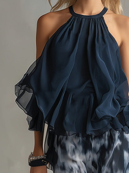 Chiffon Halter Top Wide Leg Pant Set