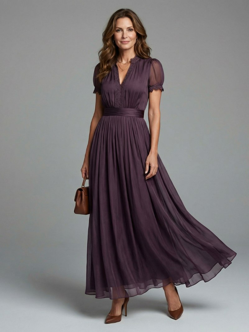 Chiffon Puff Sleeve Lace Trim Maxi Dress