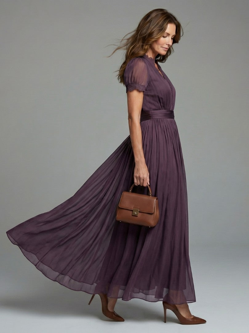 Chiffon Puff Sleeve Lace Trim Maxi Dress
