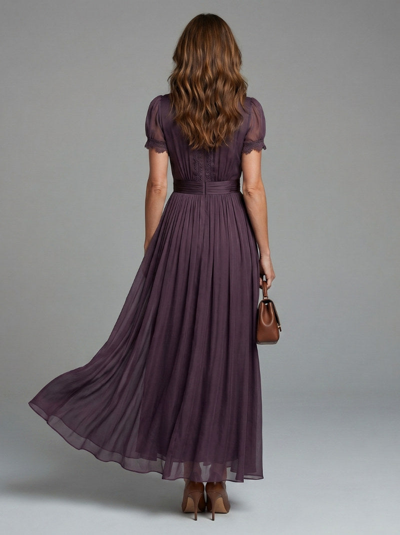 Chiffon Puff Sleeve Lace Trim Maxi Dress