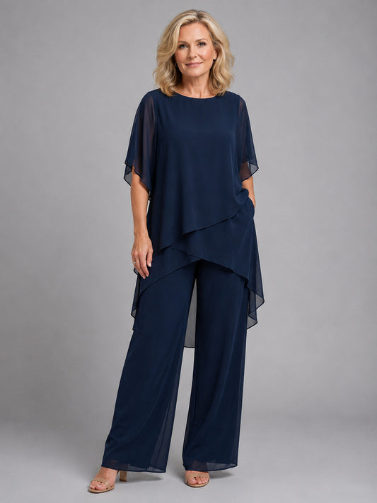 Chiffon Layered Top Wide Leg Pant Set