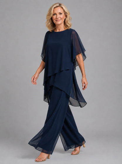 Chiffon Layered Top Wide Leg Pant Set