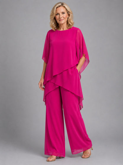 Chiffon Layered Top Wide Leg Pant Set