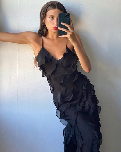Chiffon Ruffle Slip Maxi Dress